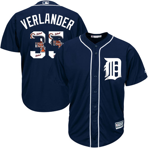 Tigers #35 Justin Verlander Navy Blue Team Logo Fashion Stitched MLB Jersey - Click Image to Close